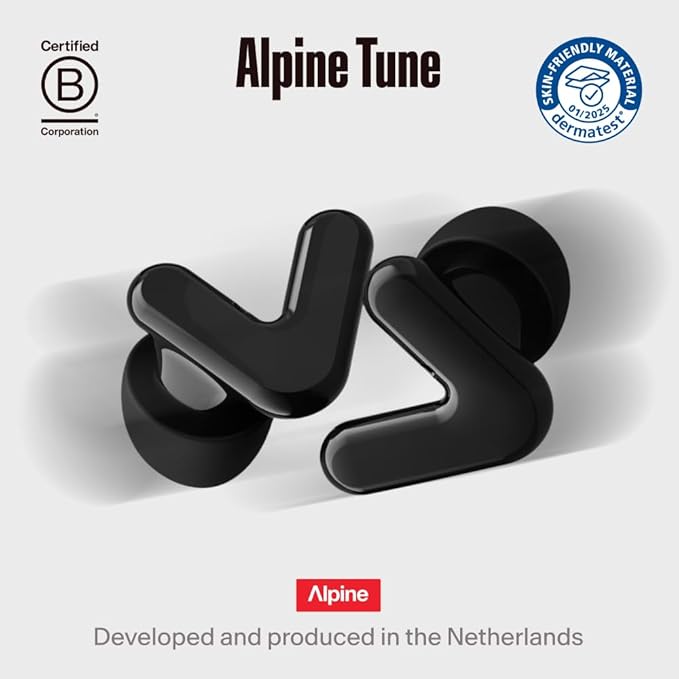 Alpine Tune Earplugs, Concert Ear Plugs for Noise Reduction, High Fidelity Music Quality, 19dB Hearing Protection with Crystal Clear Sound, Incl. 4 Sizes, For Parties, Raves, Festivals & Clubs, Black