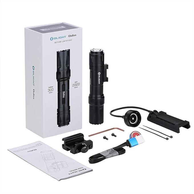OLIGHT Odin 2000 Lumens Picatinny Rail Mounted Rechargeable Tactical Flashlight with Remote Pressure Switch, 300 Meters Beam Distance, Powered by Battery(Black)