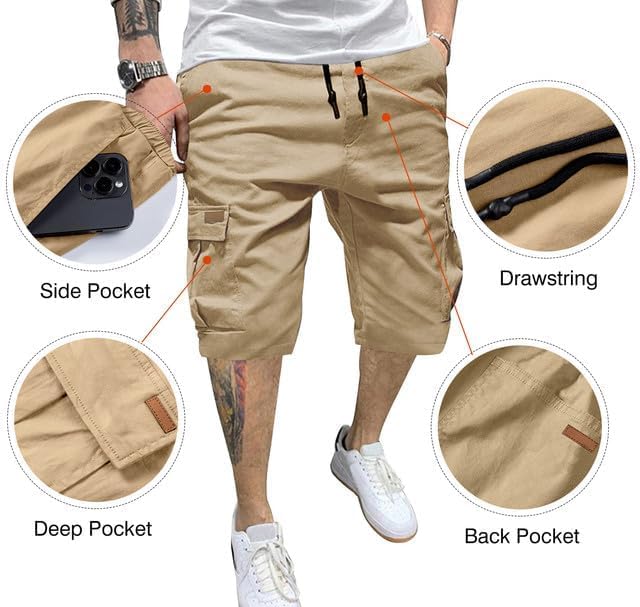 JMIERR Mens Casual Twill Cargo Shorts Cotton Drawstring Classic Cargo Stretch Short with 6 Pockets
