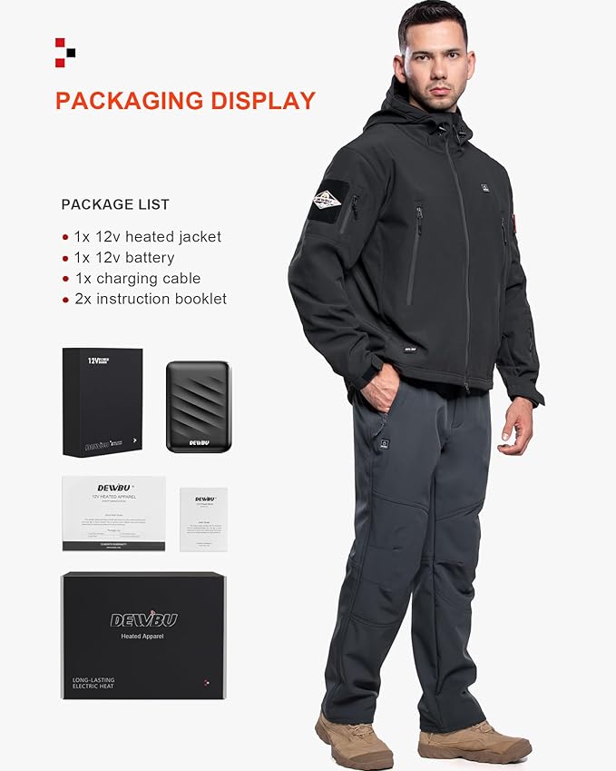 DEWBU Heated Jacket for Men with 12V Battery Pack Winter Outdoor Soft Shell Electric Heating Coat
