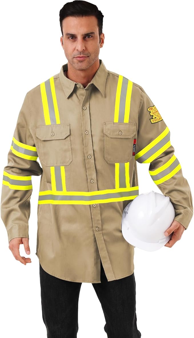 FR Shirts for Men 7oz High Visibility Fire Resistant Shirts NFPA CAT2 Welding Shirt 100% Cotton Hi Vis Flame Resistant Shirt Khaki(Large)