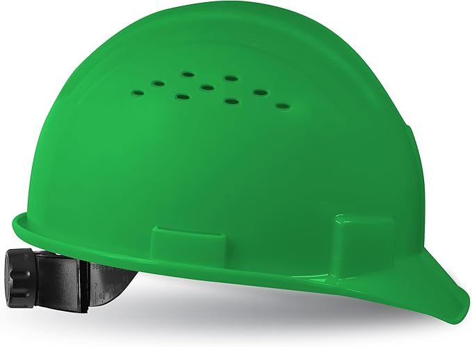 GE Safety Helmet Vented, Hard Hat Style, One Size with Earmuff Slots, Includes 4-Point Ratchet System, Meets ANSI ISEAZ89.1-2014, Green, Model # GH326N