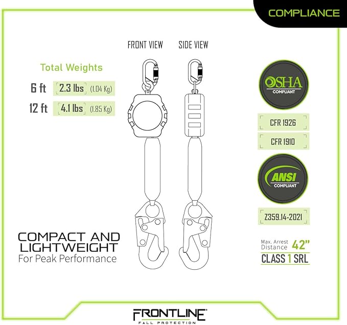 Frontline RPAS Aramid Fiber Web SRL | 6'-12' Single Leg | Steel Snap Hook | Lightweight & Compact | Durable Housing | Quick-Action Brake | 310 lbs Capacity | ANSI & OSHA Compliant (Pack 3)
