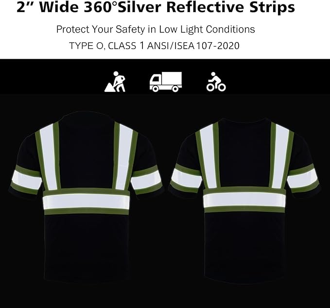 VENDACE Men's High Vis Class 2 Safety T Shirt ANSI Reflective Work Short Sleeve Shirt with Black Bottom(Black,M)