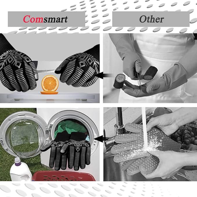 Comsmart BBQ Gloves, Heat Resistant Gloves, Silicone Non-Slip Grill Gloves, Fireproof Oven Gloves BBQ Grill Accessories for Grilling, Barbecue, Cooking, Baking, Gray