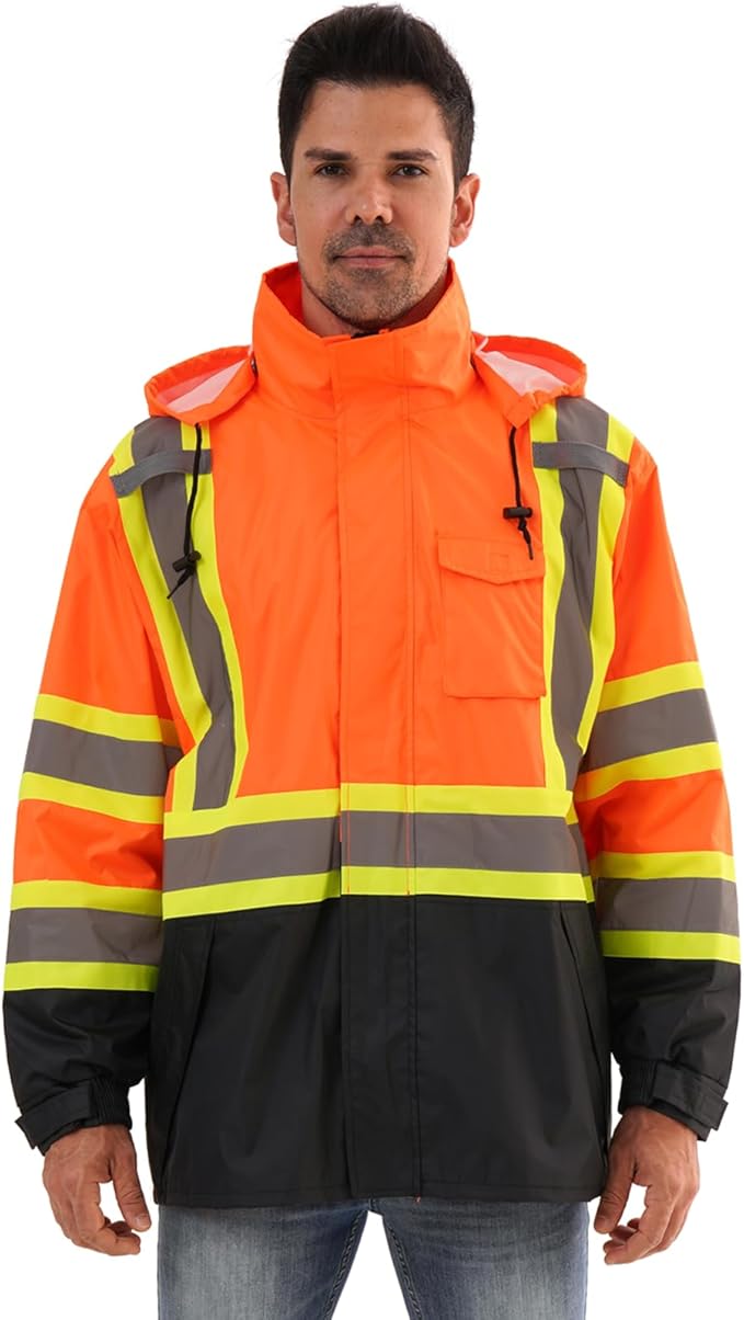 Reflective Rain jackets for men waterproof,Hi Vis Safety Coat With Reflective Strips,High Visibility Class 3 Rain jackets With 2 large pockets,Zipper,Orange,4XL/5XL