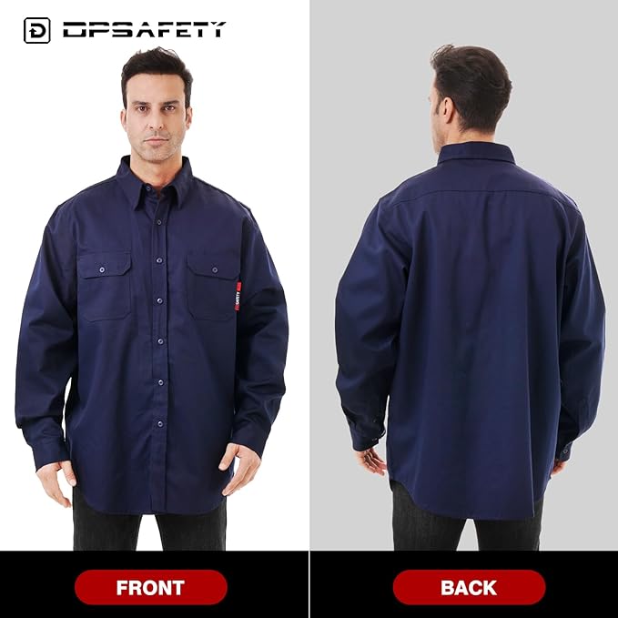 FR Shirt 7oz Fire Resistant Shirts Men's,CAT2 Welding Shirt 100% Cotton Flame Resistant Shirts Navy (2X-Large)