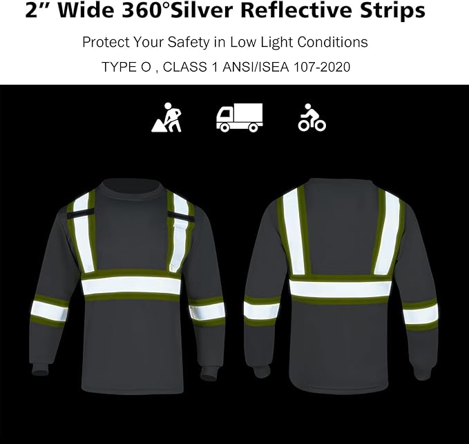 VENDACE Men's High Vis Safety Work T Shirt ANSI Class 1 Reflective Long Sleeve Shirt with Pocket(Grey,XL)