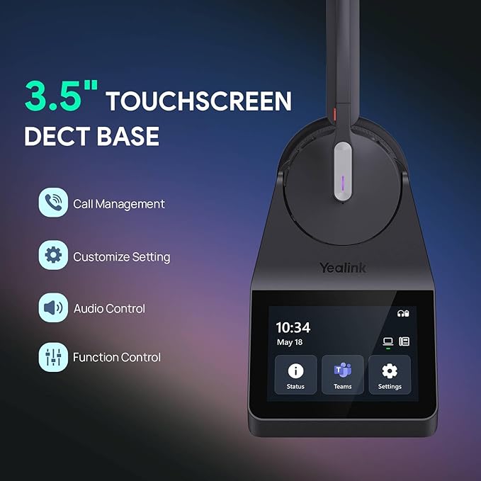 Yealink HA64 Pro Wireless DECT & Bluetooth Headset with Touch Screen for Office, Home, Desk Phone, Computer, Smartphone (Single Speaker)