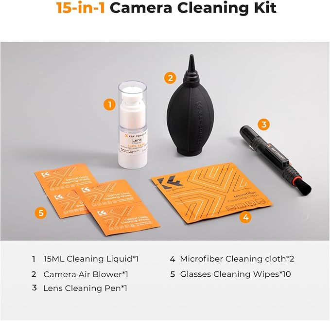 K&F Concept 15-in-1 Camera Lens Cleaning Kit with Camera Blower, Glasses Wipes*10, Cleaning Liquid, Microfiber Cleaning Cloth*2, Lens Cleaning Pen for DSLR Camera Lens Filter Cell Phones