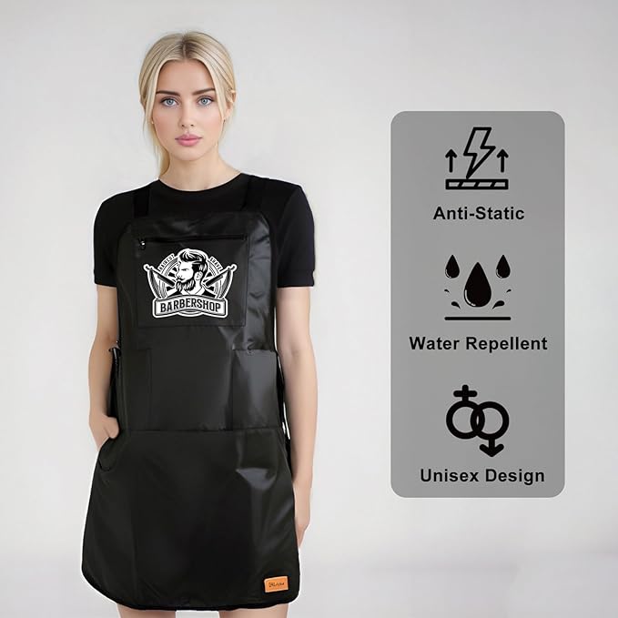 Barber Apron Hair Stylists Tools Apron Professional Waterproof Haircutting Apron with 3 Pockets, Barbershop Pattern