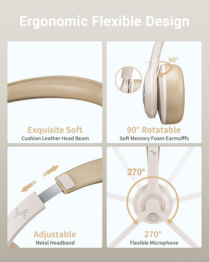 Wireless Headset with AI Noise Cancelling Microphone Bluetooth Headset - Bluetooth V5.2 Headphones with USB Dongle & Mic Mute for Computer/Laptop/PC/iPhone/Android/Cell Phones (White)