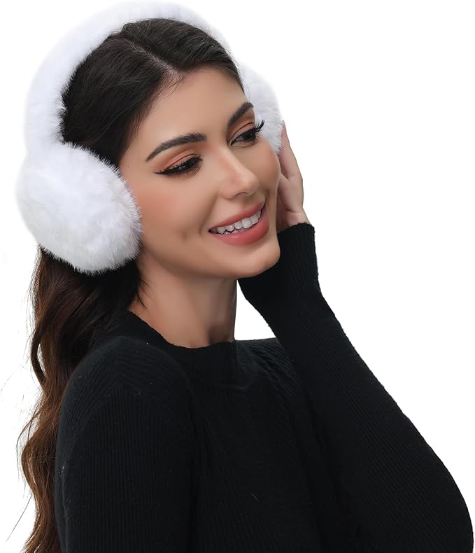 Winter Ear Muffs for Women Girls Faux Fur Cute White Earmuffs Fluffy Ear Warmers Foldable Ear Covers Outdoor