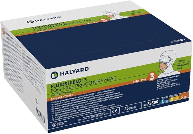 HALYARD FLUIDSHIELD 3 Disposable Procedure Mask, Fog-Free, with SO Soft Earloops, Wraparound Visor, Orange, 28800 (Box of 25)