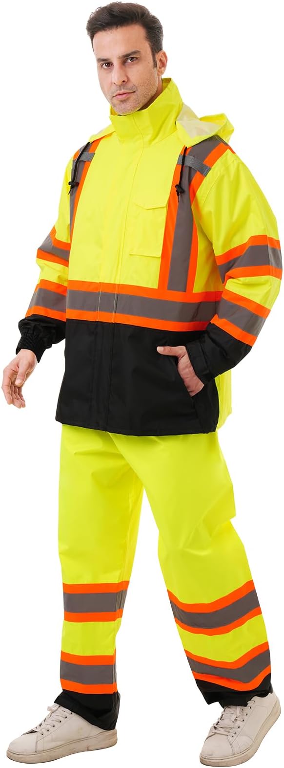 Hi Vis Safety rain Jacket,Reflective Class 3 Rain coat with Inner Mesh Lining and Pockets High Visibility Waterproof work Rain Suits for men&women(Yellow,LG/XL)