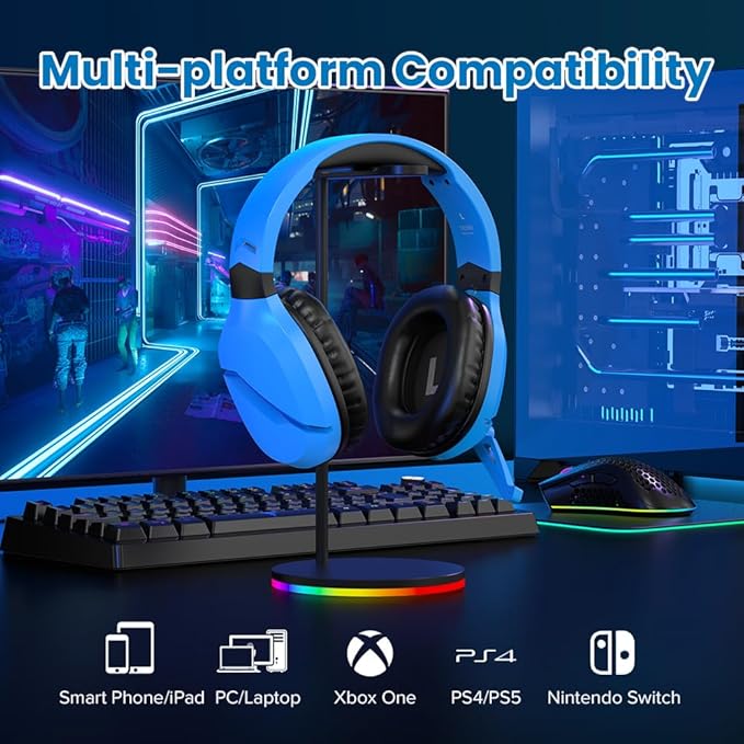 Wireless Gaming Headset with Noise Canceling Microphone for PS5, PC, PS4, 2.4G/Bluetooth Gaming Headphones with USB and Type-c Connector, Wired Mode for Controller - Blue