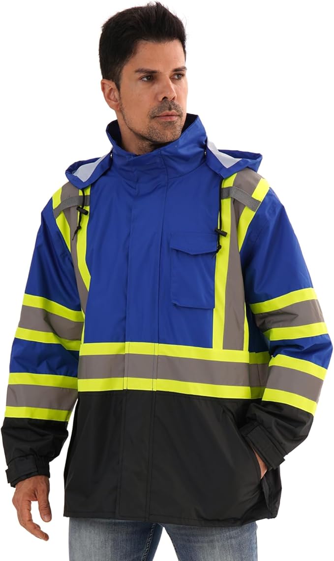 Reflective Rain jackets for men waterproof,Hi Vis Safety Coat With Reflective Strips,High Visibility Class 3 Rain jackets With 2 large pockets,Zipper,Blue,2XL/3XL