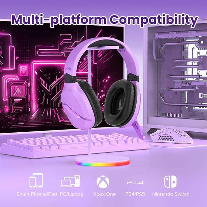 Wireless Gaming Headset with Noise Canceling Microphone for PS5, PC, PS4, 2.4G/Bluetooth Gaming Headphones with USB and Type-c Connector, Wired Mode for Controller (Purple)