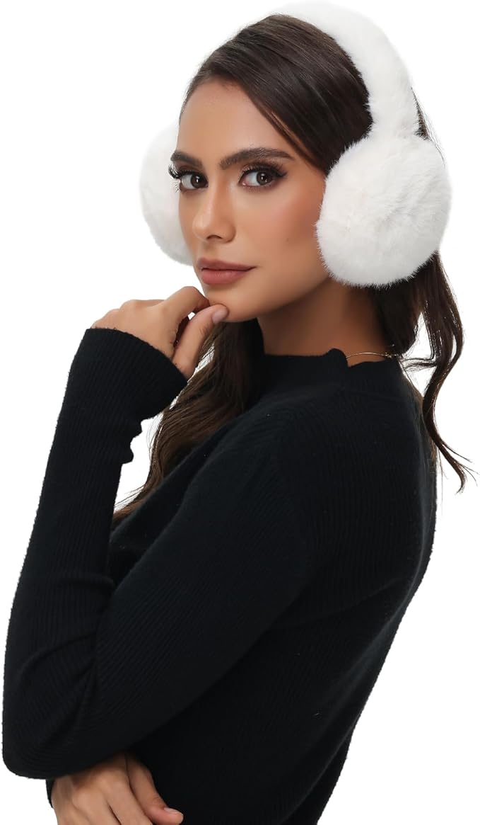 Winter Ear Muffs for Women Girls Faux Fur Cute White Earmuffs Fluffy Ear Warmers Foldable Ear Covers Outdoor