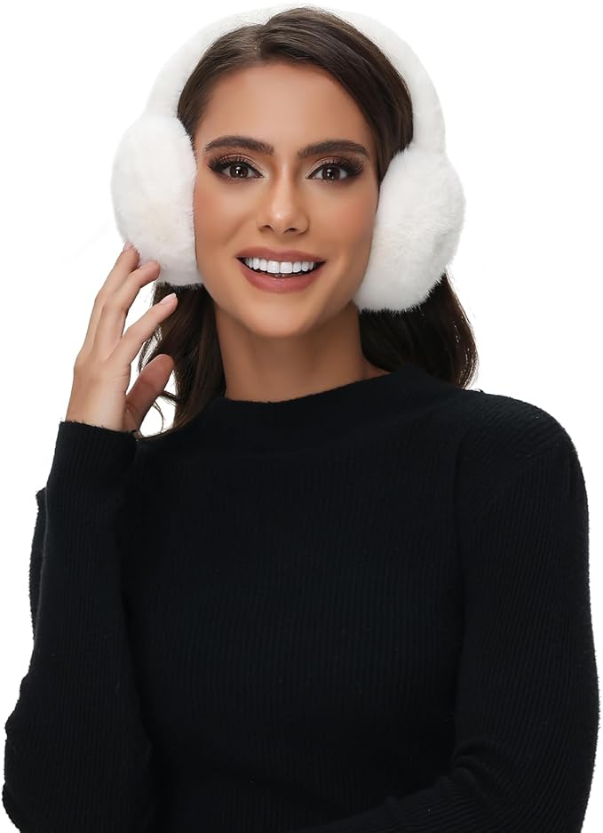 Winter Ear Muffs for Women Girls Faux Fur Cute White Earmuffs Fluffy Ear Warmers Foldable Ear Covers Outdoor
