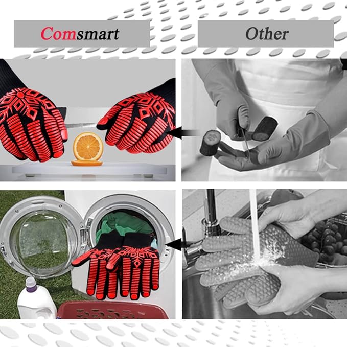 Comsmart BBQ Gloves, Heat Resistant Gloves, Silicone Non-Slip Grill Gloves, Fireproof Oven Gloves BBQ Grill Accessories for Grilling, Barbecue, Cooking, Baking, Red