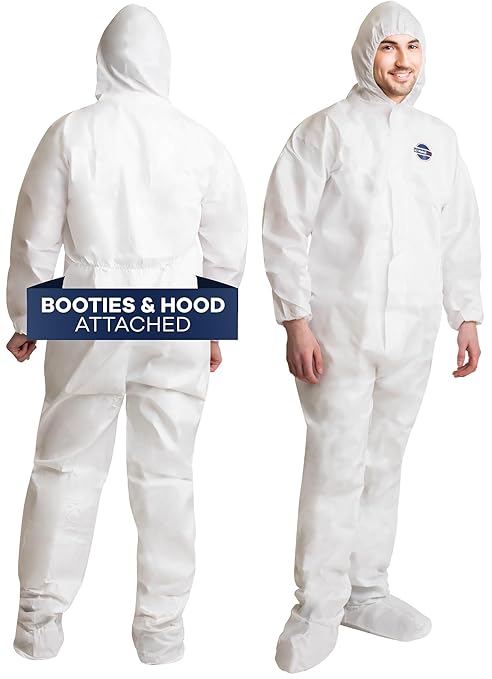 Hazmat Suits Disposable | 25 Pack | Protective Coveralls with Attached Hood and Boots | Heavy Duty Full Body Painters Suit for Adults - Breathable & Water Resistant | Large