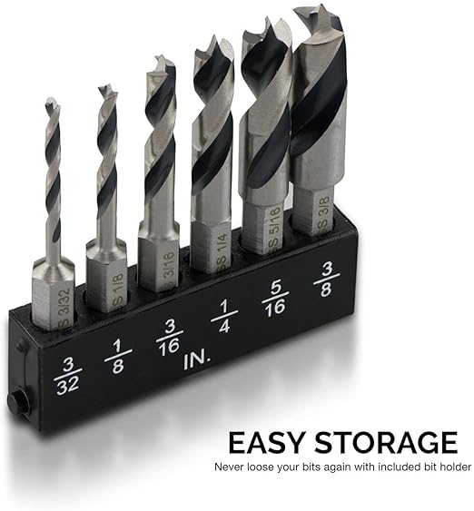 NEIKO 11401A 6 Piece Brad Point Drill Bit Set, Stubby Drill Bit Set for Wood, 1/4" Quick Change Hex Shank, HSS 4241 High Speed Steel for Quick Change Chucks and Drives, Drill Bit Holder Included