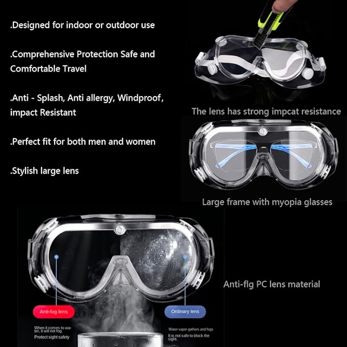 3 Pack Safety Goggles Anti-Fog Protective Adjustable Goggles Over Glasses Splash Eye Protection Adjustable For Lab Construction Worker Onion Cutting Clear Lens Eyewear Black