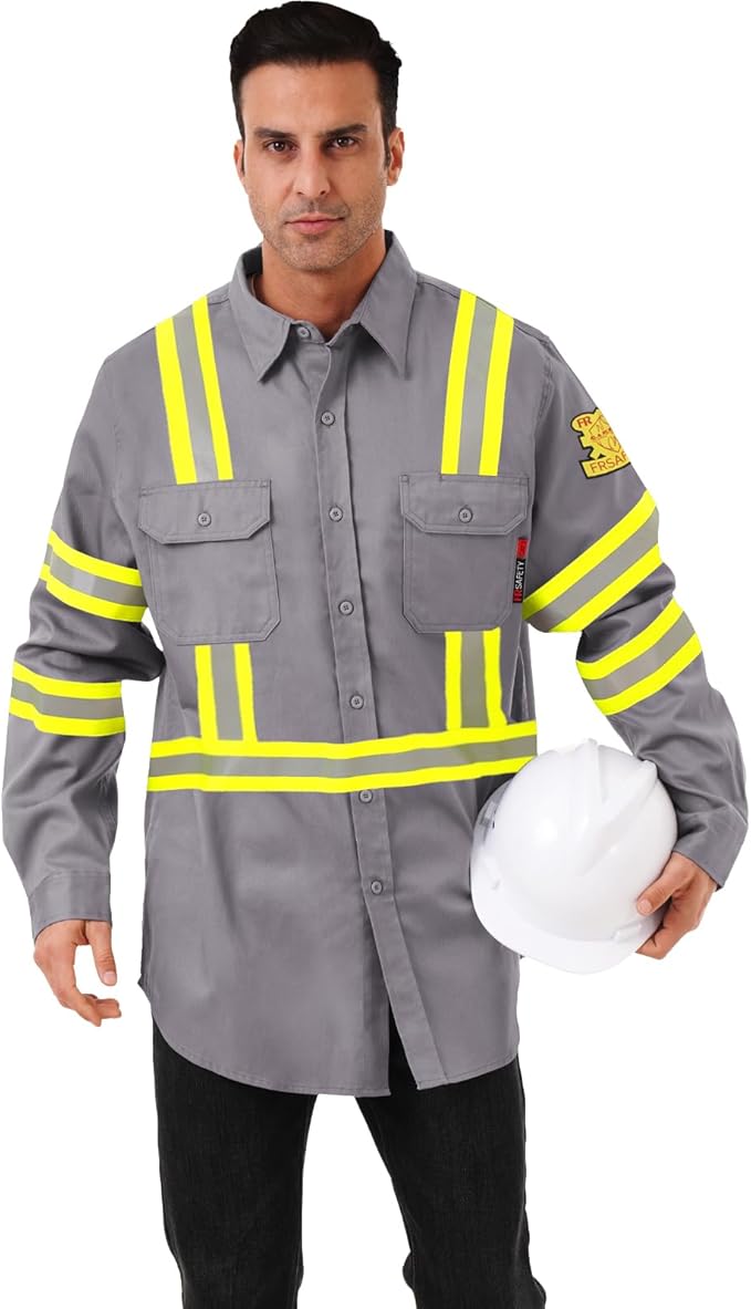 FR Shirts for Men 7oz High Visibility Fire Resistant Shirts NFPA CAT2 Welding Shirt 100% Cotton Hi Vis Flame Resistant Shirt Light Gray(Medium)
