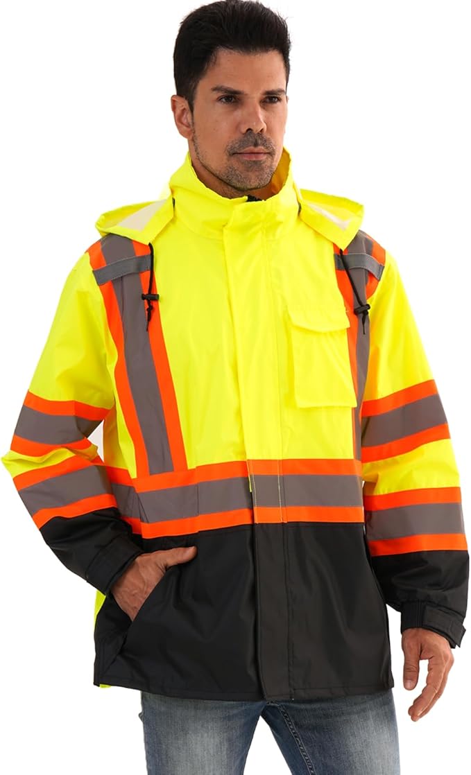 Reflective Rain jackets for men waterproof,Hi Vis Safety Coat With Reflective Strips,High Visibility Class 3 Rain jackets With 2 large pockets,Zipper,Lime,2XL/3XL