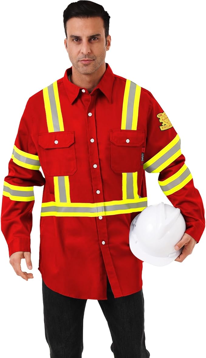 FR Shirts for Men 7oz High Visibility Fire Resistant Shirts NFPA CAT2 Welding Shirt 100% Cotton Hi Vis Flame Resistant Shirt Red(Large)