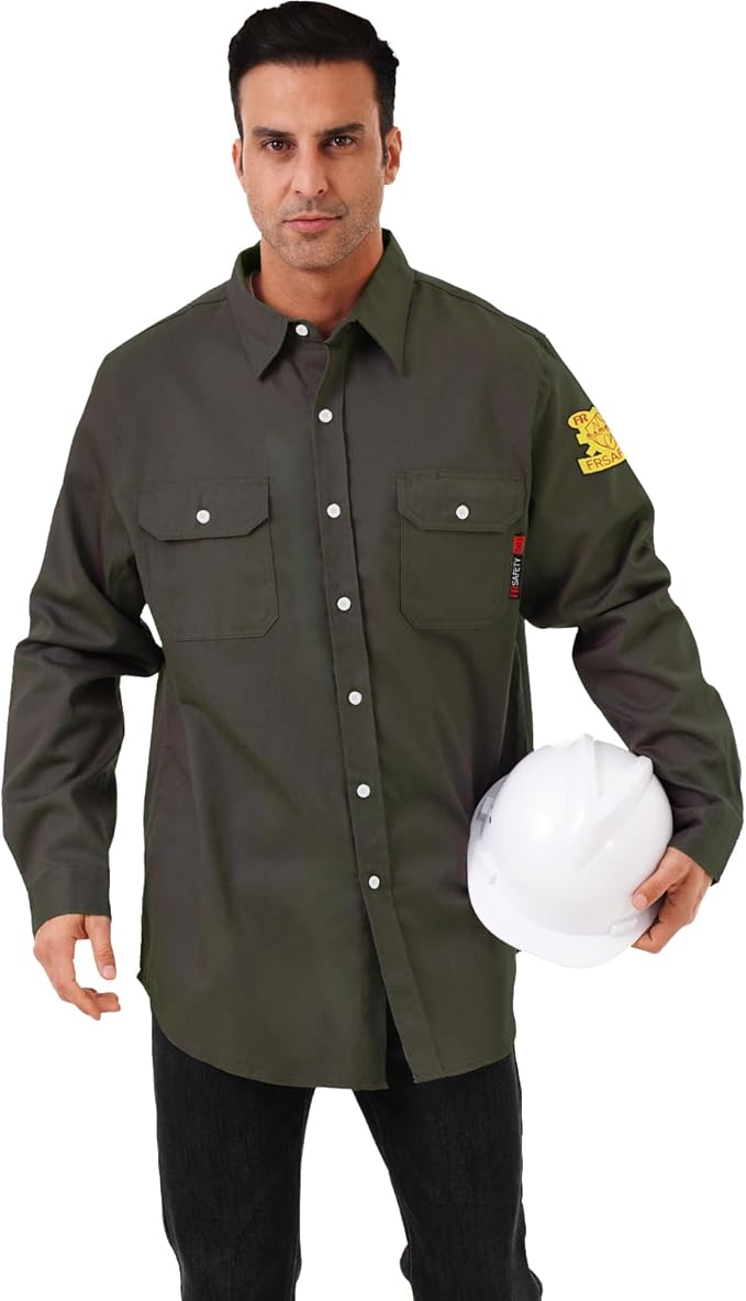 FR Shirts for Men 7oz Hi Vis Fire Resistant Shirts NFPA CAT2 Welding Shirt 100% Cotton Flame Resistant Shirt Dark Green(X-Large)