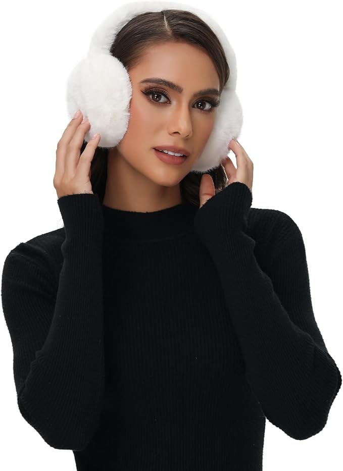 Winter Ear Muffs for Women Girls Faux Fur Cute White Earmuffs Fluffy Ear Warmers Foldable Ear Covers Outdoor