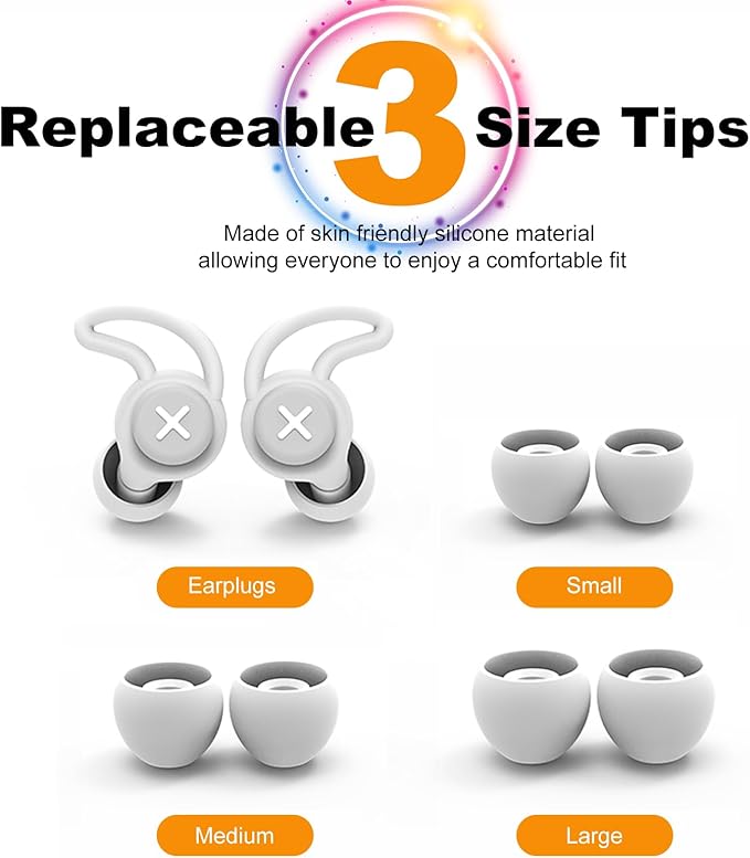 Ear Plugs for Sleeping Noise Reduction, Side Sleep Compatible Comfort Fit Soft Silicone Reusable Earplugs for Concerts Noise Reduction Hearing Protection, with 6 Ear Tips in S/M/L (Black, L)