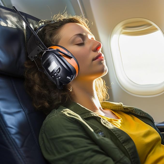 AM/FM Bluetooth Radio Headphones 25dB NRR,Noise Reduction Safety Earmuffs,Digital Display Headset,Built-in Mic,Rechargetable Ear Hearing Protection for Walkman Mowing,Lawn,Work(Orange)