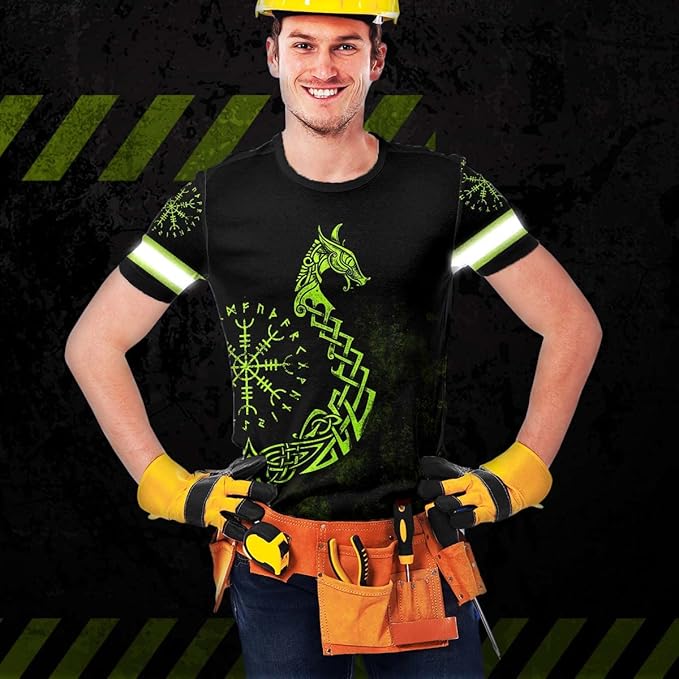Matedecor Skull High Visibility Shirt Men Reflective Safety Shirts US Flag Custom Name Workwear, Runners, Walkers, Patriotic