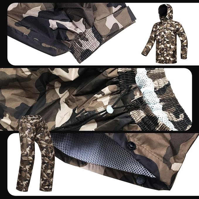 ILM Motorcycle Rain Suit Waterproof Wear Resistant 6 Pockets 2 Piece Set with Jacket and Pants Fits Men and womens (Men's 3X-Large, Camouflage)