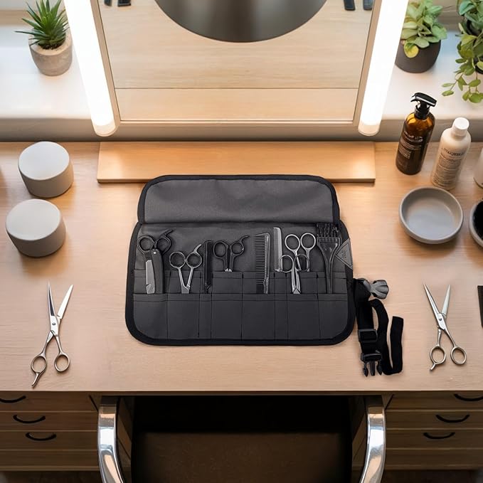 Under NY Sky Salon Scissors Roll Up Holder – Professional Oxford Canvas Pouch Case for Hair Stylists, Barbers & Hairdressers – Portable Storage Organizer for Hair Cutting Shears & Salon Tools - Grey