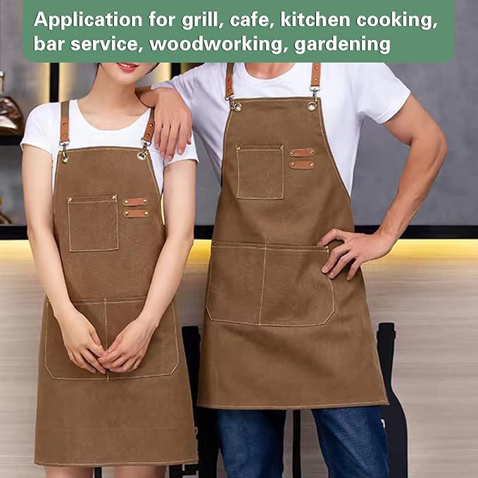 Chef Apron, Aprons for Men,Adjustable Strap Cotton Canvas Cross Back Apron for Kitchen Cooking Baking Bib Apron