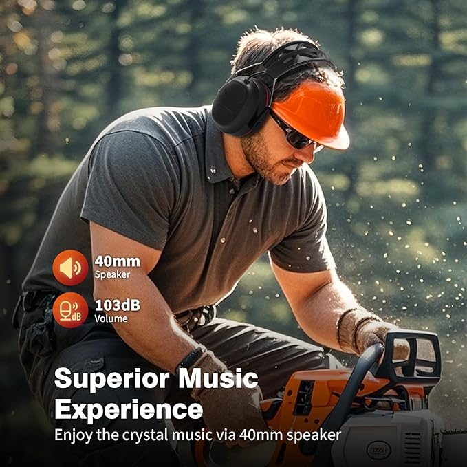 Bluetooth 5.4 Hearing Protection Headphones with 1200mAh Rechargeable Battery, 120H Working Time, 30dB SNR, Ear Muffs with Larger Buttons for Easy Operation, Superior Stereo Sound Quality Black-Red