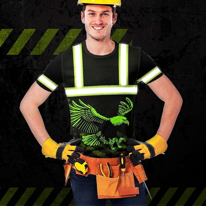 Matedecor Skull High Visibility Shirt Men Reflective Safety Shirts US Flag Custom Name Workwear, Runners, Walkers, Patriotic