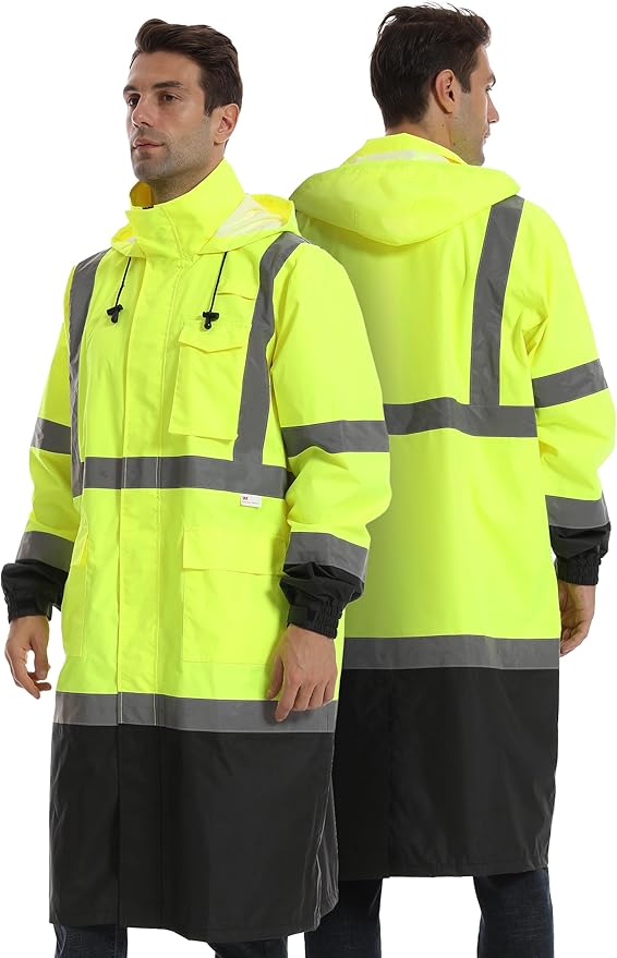 Reflective Rain jackets for men waterproof,Hi Vis Rain Coat With 3M Reflective Strips,High Visibility Class 3 Rain Gear With 2 large pockets,Zipper,Black Bottom Lime,6XL