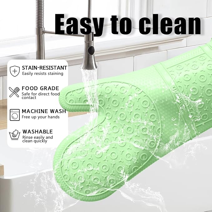 Oven Mitts with Heat-Resistant Hot Pads and Five Silicone Spatulas Designed for Kitchen Baking Cooking, Oven Glove Soft Cotton Lining, Waterproof, BPA-Free (Fluorescent Green, 15.7)