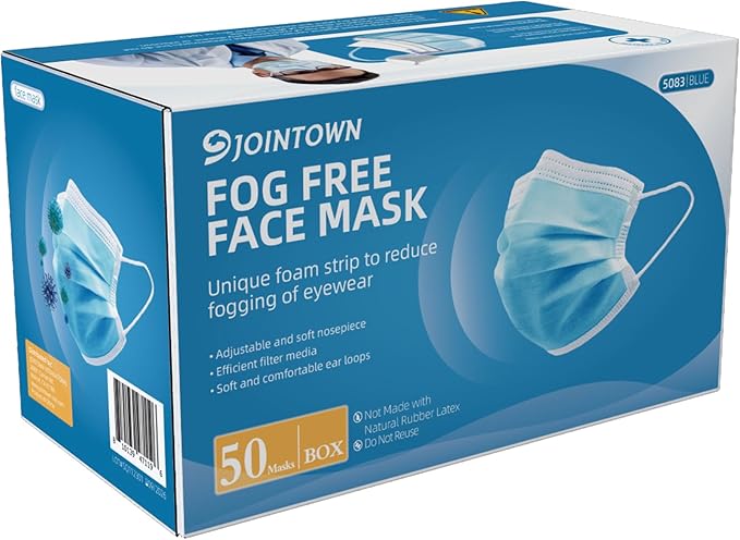 Jointown Anti-fog 3-ply Disposable Face Mask, Face Mask with Efficient Filter Media for Adult, Adjustable and Soft Nosepiece, Box of 50 pcs