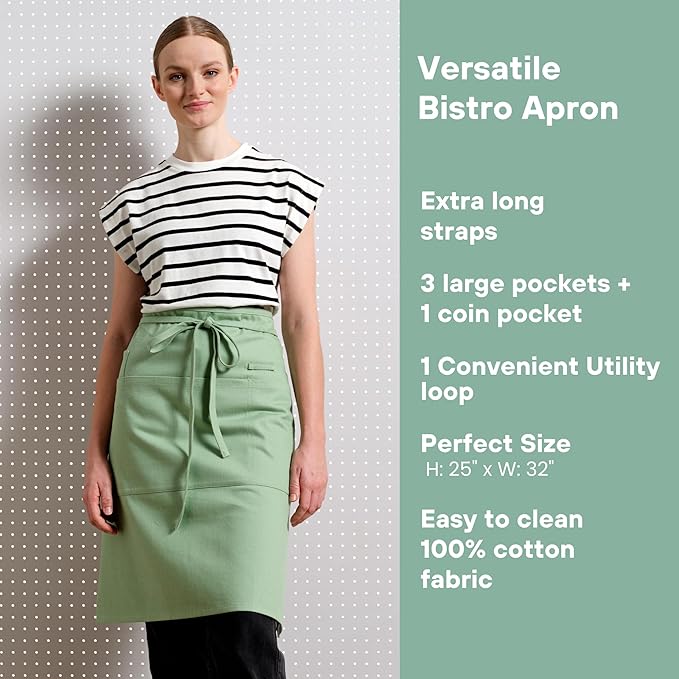 MEEMA Bistro Half Apron for Men & Women | Half Aprons for Women With Pockets | Delantales Para Meseros | Waitress Aprons | Server Apron with Pocket