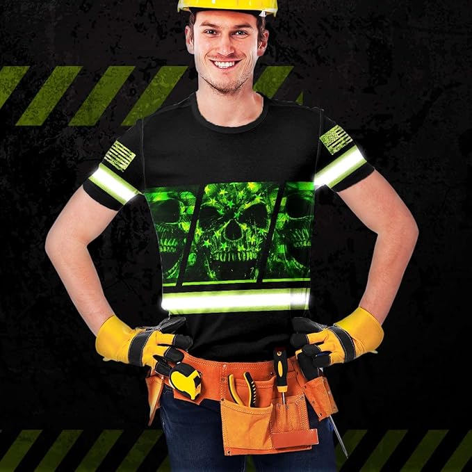 Matedecor Skull High Visibility Shirt Men Reflective Safety Shirts US Flag Custom Name Workwear, Runners, Walkers, Patriotic