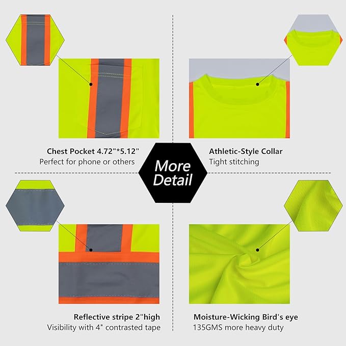 VENDACE Men's High Vis Safety Work T Shirt ANSI Class 3 Reflective Long Sleeve Shirt with Pocket(Yellow,XL)