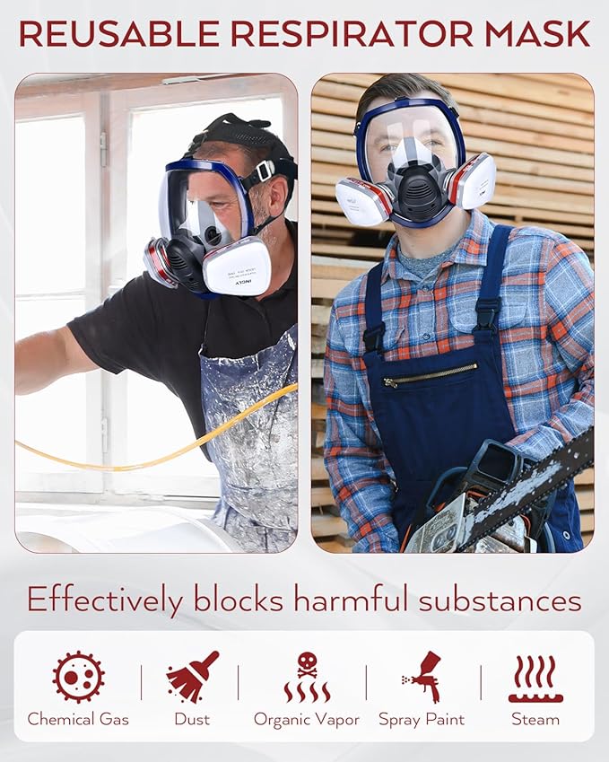 INCLY Full Face Respirator Mask, Safe Gas Masks Cover with Asbestos & Filter Reusable for Against Smoke, Dust, Chemical, Paint, Sanding, Welding, Vapors,Hazmat, Logging
