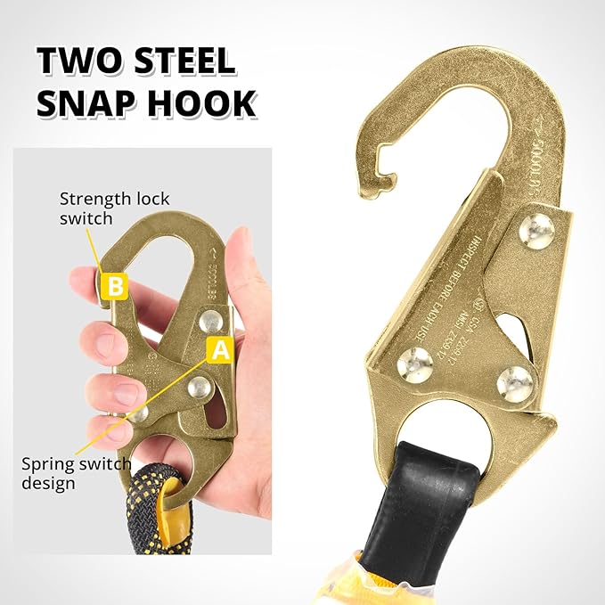 TRSMIMA Rope Harness Safety Lanyard:100ft Vertical Roofing Rope With Grab Snap Hooks Shock Absorber - Fall Protection Tree Climbing Line Kit Heavy Duty Roof Safety Equipment ANSI CE