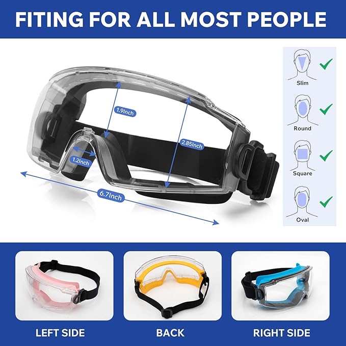 Clear Safety Goggles Glasses 2 Pack - Anti-Fog, Scratch and UV380 Lenses - Adjustable Non-Slip Strap - ANSI Z87.1 Certified Eye Protection for Chemistry Lab Work & Industrial Use for Men & Women